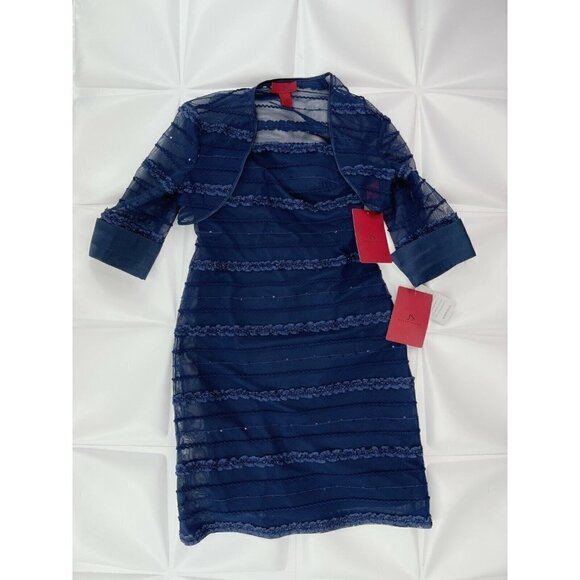 NWT JS Collections Sz 8 Blue Mesh Ruffle Sheath Dress Bolero Jacket Shrug Set m - Picture 5 of 12